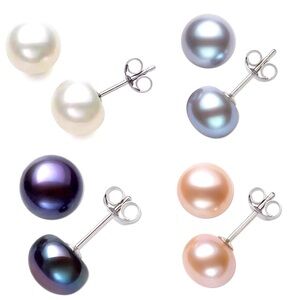 Pearl Earrings Cultured Freshwater Button (8-9mm) Stud w/ Disc Backs NEW IN BOX